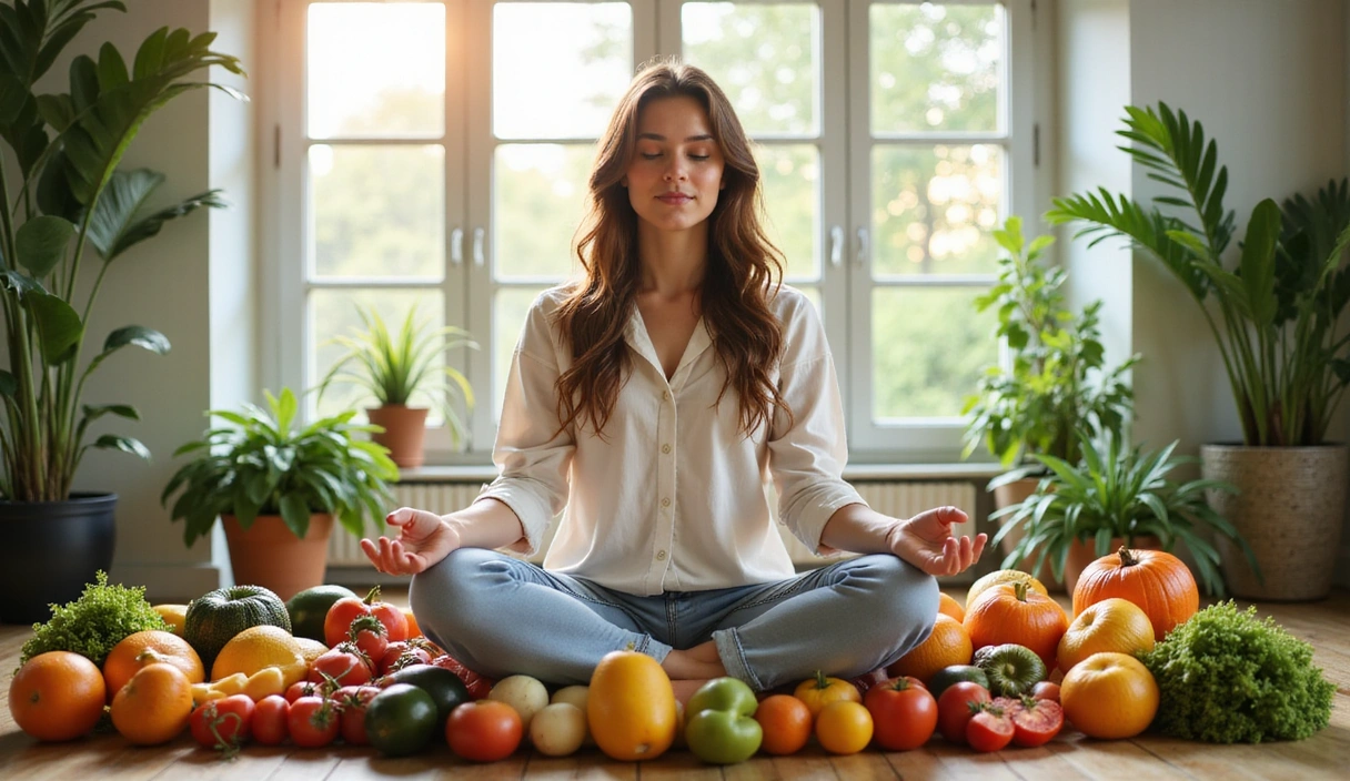 A person meditating peacefully with fresh produce around them, symbolizing holistic wellness